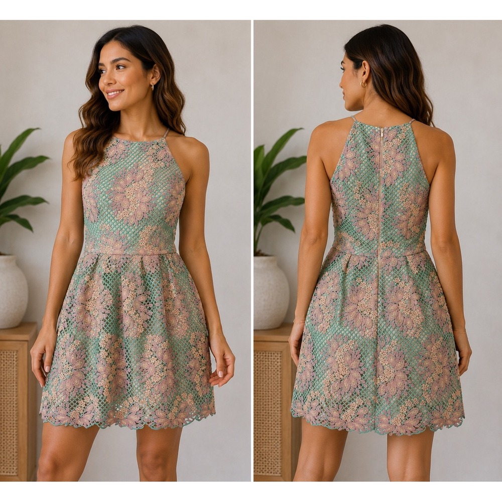 Minuet Dress Women Mint Green Pink Floral Lace Halter Sheath Cocktail Size M